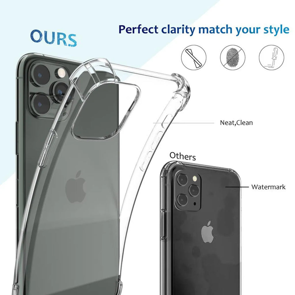 Clear transparent TPU shockproof phone case for Apple iPhone models on a plain background.
