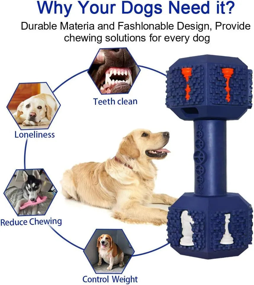 A black and blue durable rubber dumbbell-shaped dog chew toy on a white background.
