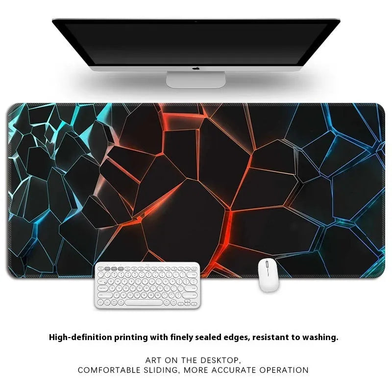 Thickened overlock natural rubber computer desk mat with thermal transfer pattern, shown on a desk with keyboard and mouse.