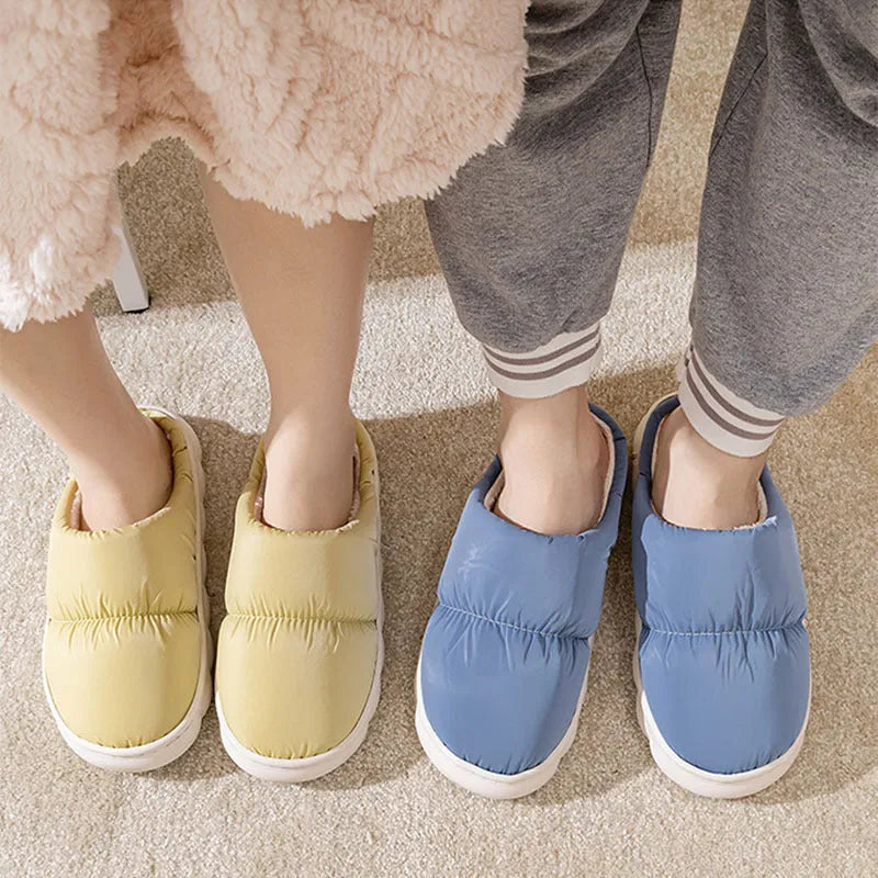 Down cotton couple slippers with artificial leather upper and non-slip rubber soles in multiple colour options