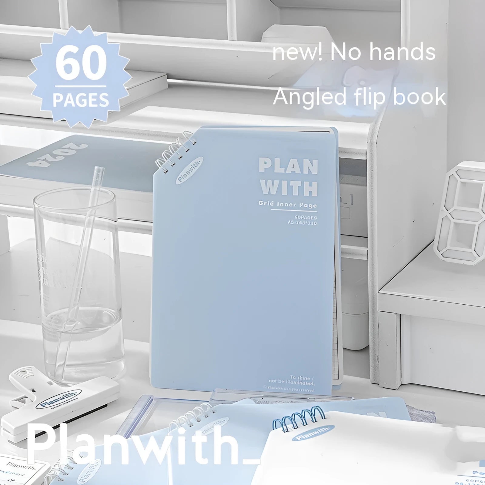 Oblique Angle Book series artsy notebook in A5 and B5 sizes with plaid blue or white covers.