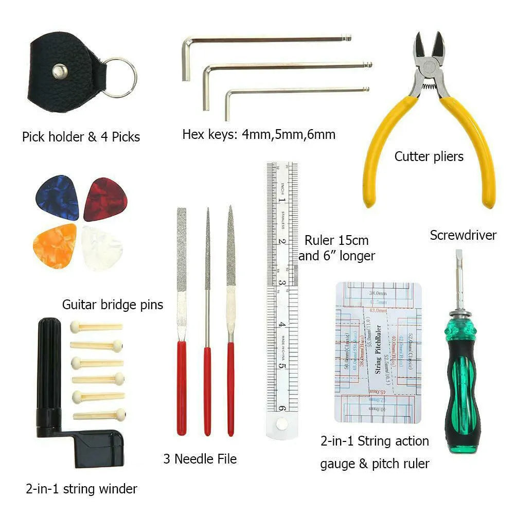 Black guitar repair tool kit open to show plastic and metal maintenance tools for guitar, bass, mandolin, banjo.