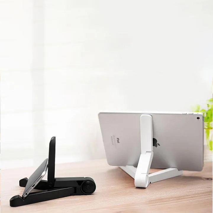 Black foldable aluminium tablet holder open in landscape mode supporting an iPad, showing side adjustment buttons.