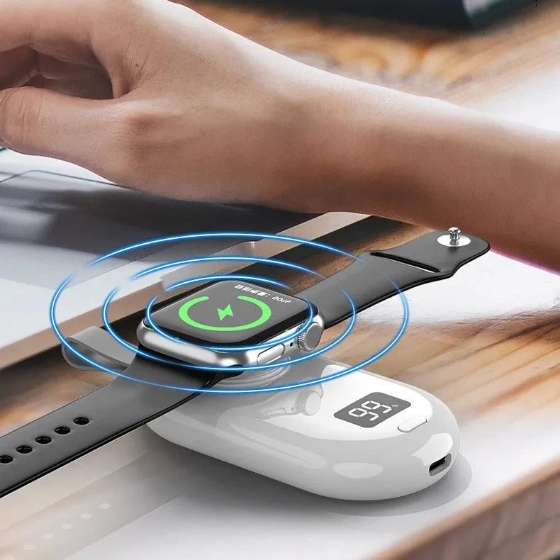 Plastic wireless power bank portable charger showing black and white colour options with dimensions 121.5x49.5x20.2mm