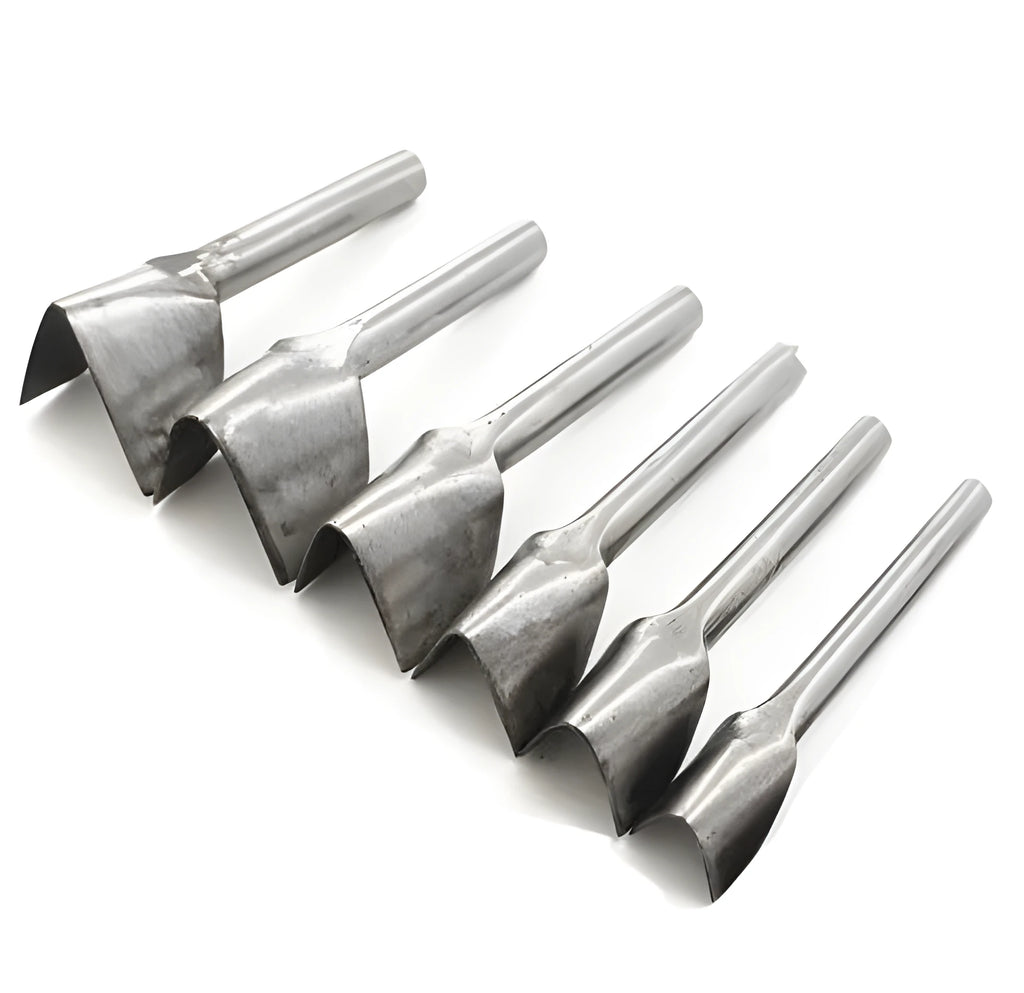 Six steel leather punch tools in half-round and V shapes ranging from 15mm to 40mm sizes