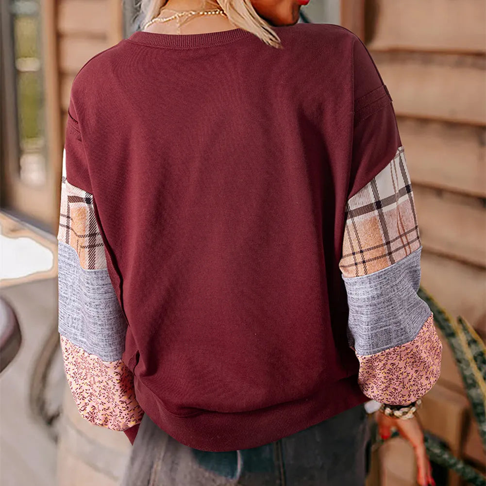 Women's loose plaid stitch long sleeve casual top in apricot colour