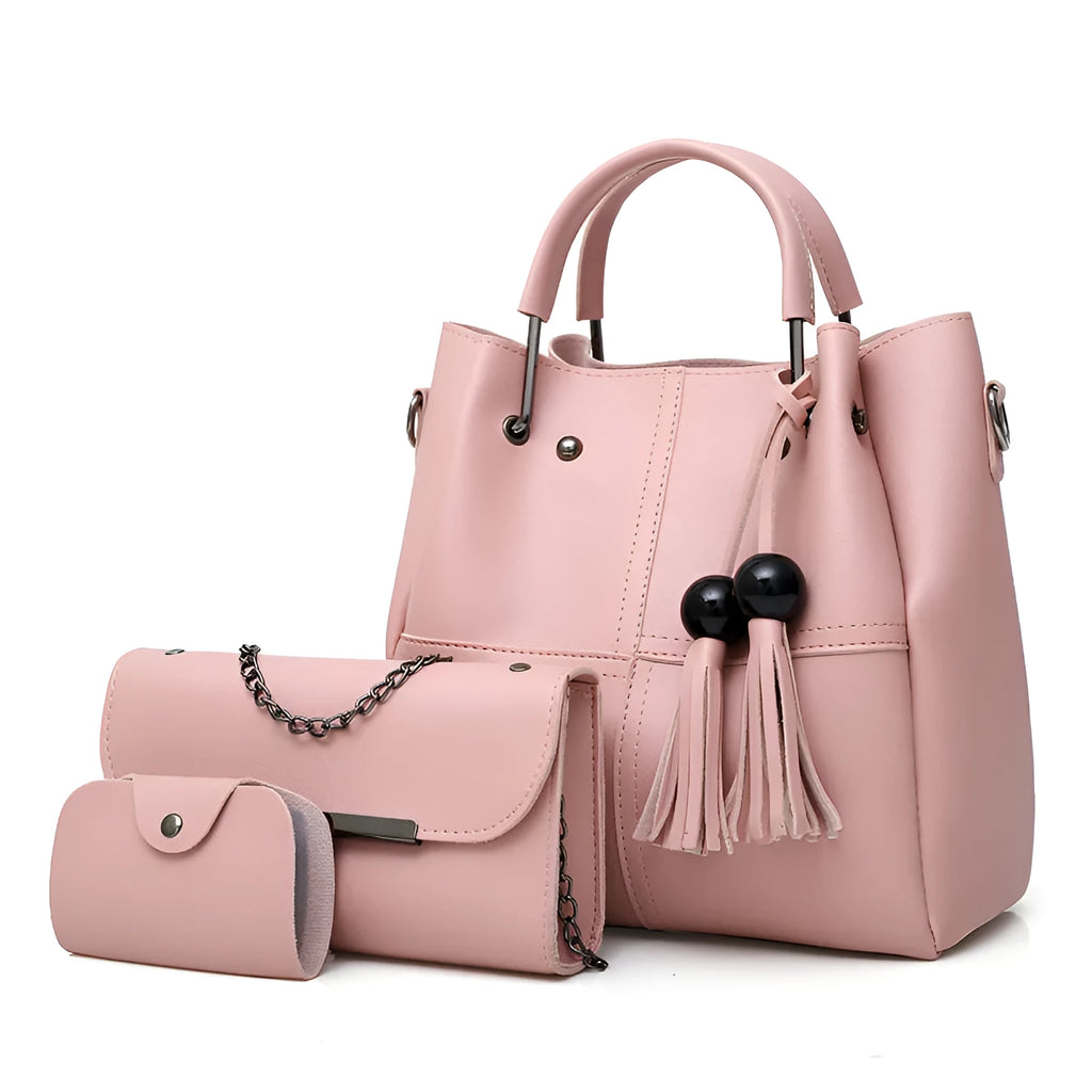 PU leather three-piece messenger bag set for women with tassel detail in coffee colour