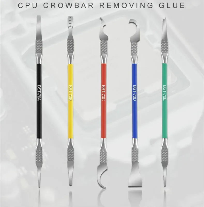 Five stainless steel crowbar disassembling tool knives for prying and removal.