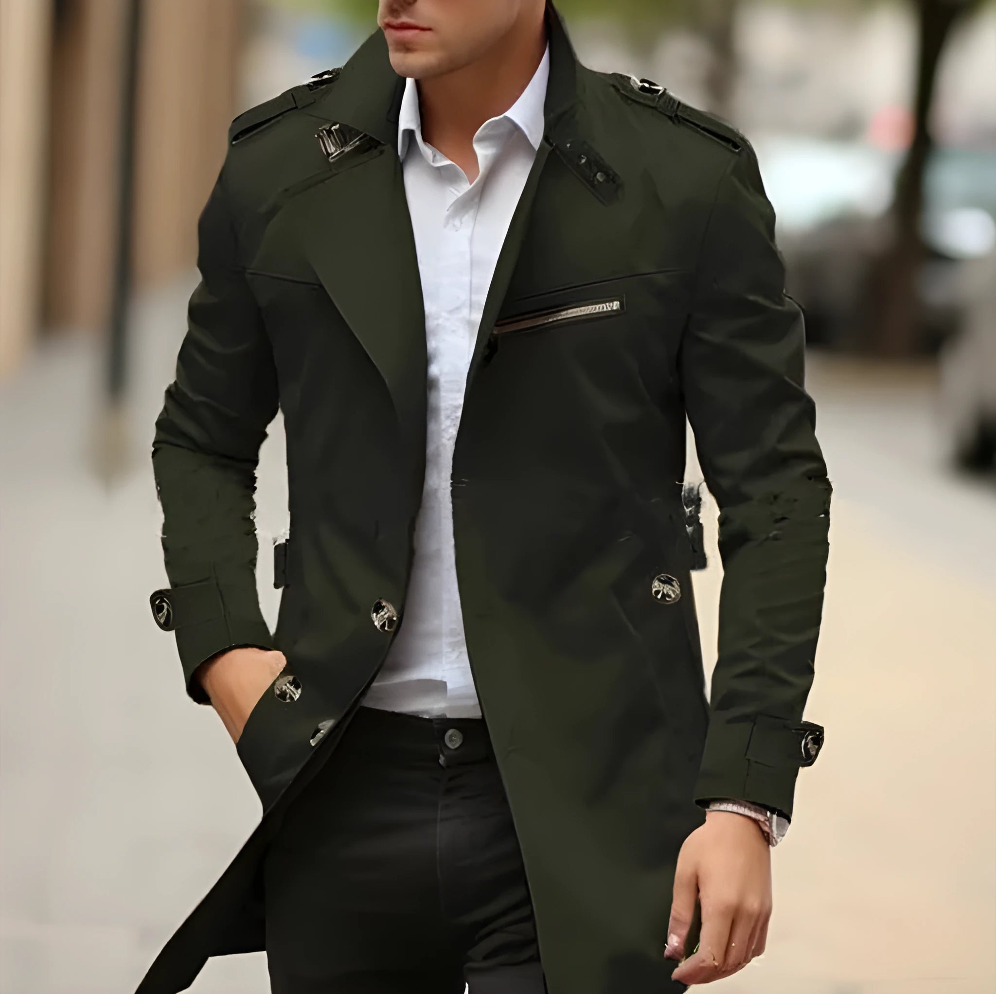 Men's mid-length cotton casual jacket with lapel collar in army green.