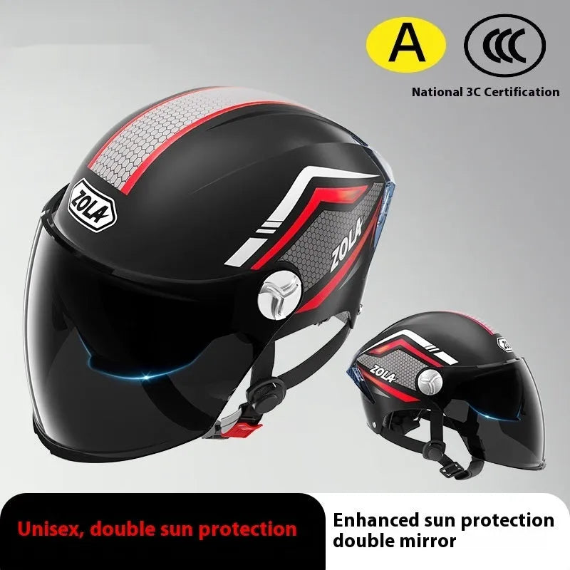 Motorcycle half helmet with double mirror visor in ABS construction, showing universal fit design