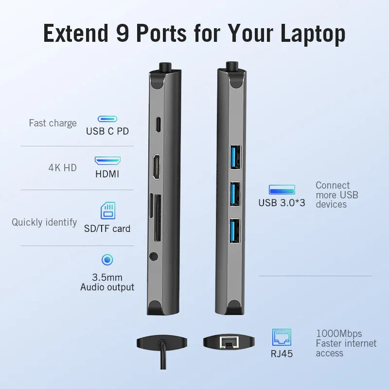 Deep grey USB-C to HDMI, USB 3.0, Ethernet, and card reader multi-port adapter hub