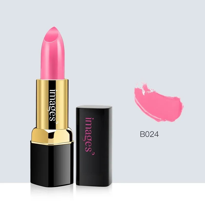 Lipstick lip gloss tube showing colour range including coral red, classic red, and babie pink shades