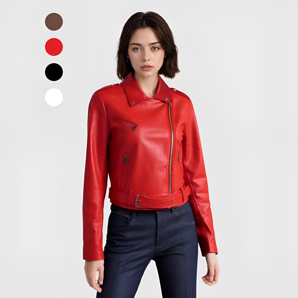 Red women's PU leather motorcycle jacket with a silver lapel short belt fastened at the waist.