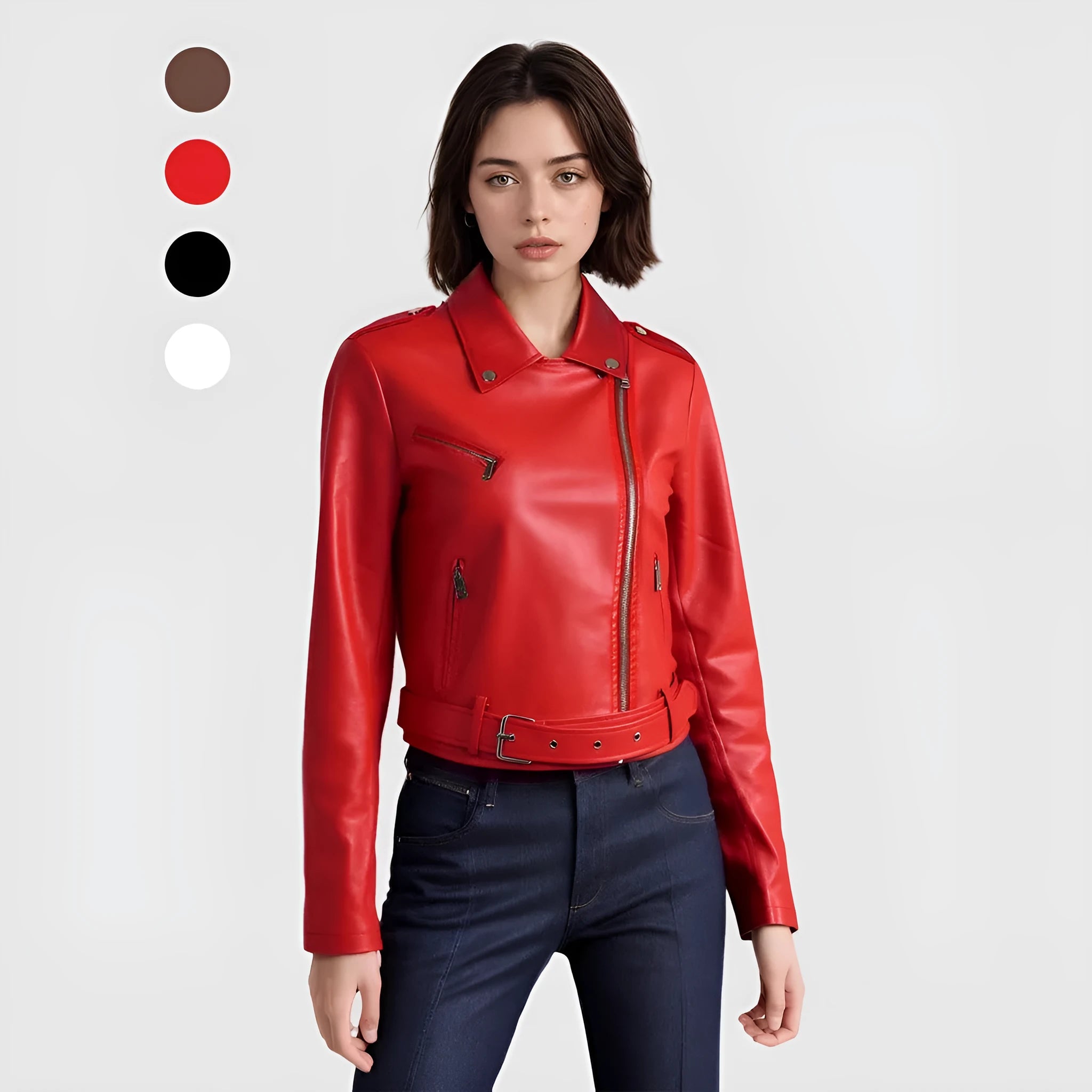 Red women's PU leather motorcycle jacket with a silver lapel short belt fastened at the waist.