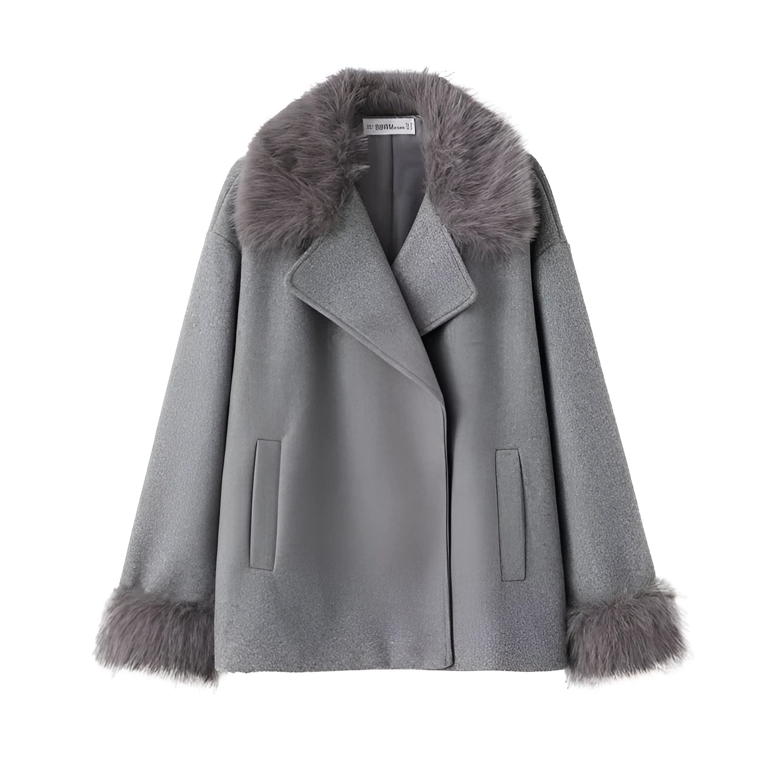 Women's grey mid-length hooded belted wool cape coat with raccoon fur collar and pockets