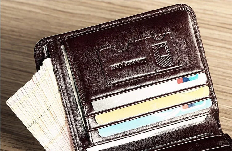 Men's genuine leather wallet open showing multiple internal compartments including card slots and secret pocket