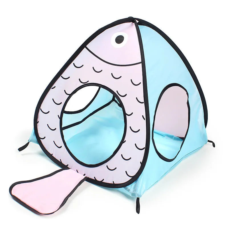 Foldable grey cat tunnel with cat and fish pattern, shown collapsed and set up.