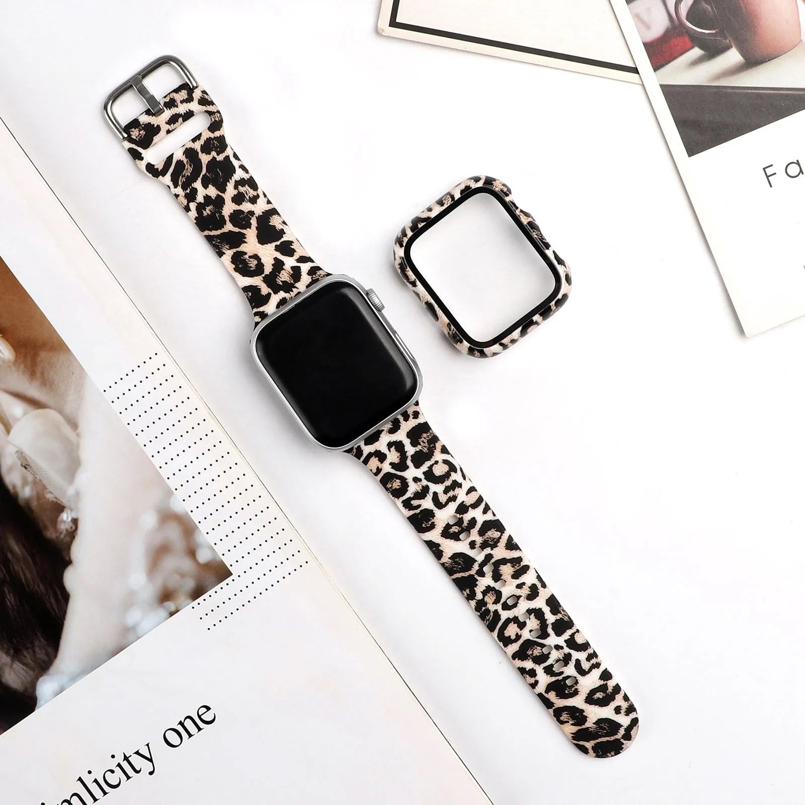 Printed silicone replacement strap for Apple iWatch models showing multiple design options and size selections.