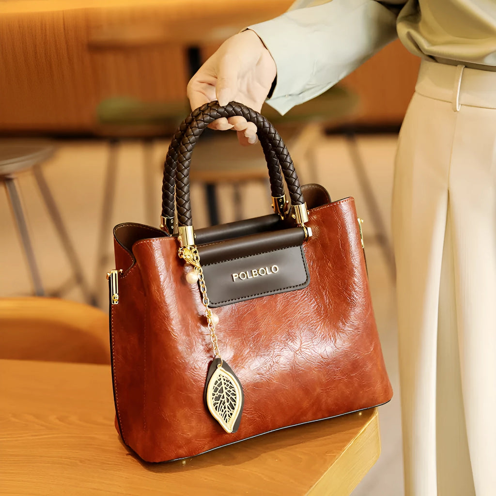 Genuine leather tote bag for women large capacity horizontal rectangular casual travel bag with internal pockets