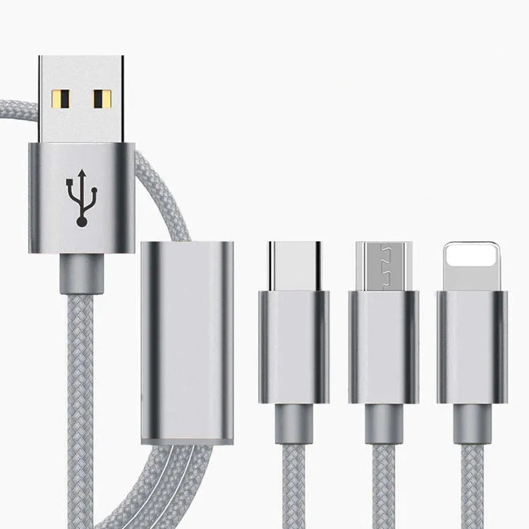 Three-in-one mobile phone charging cable with Micro USB interface in multiple colour options