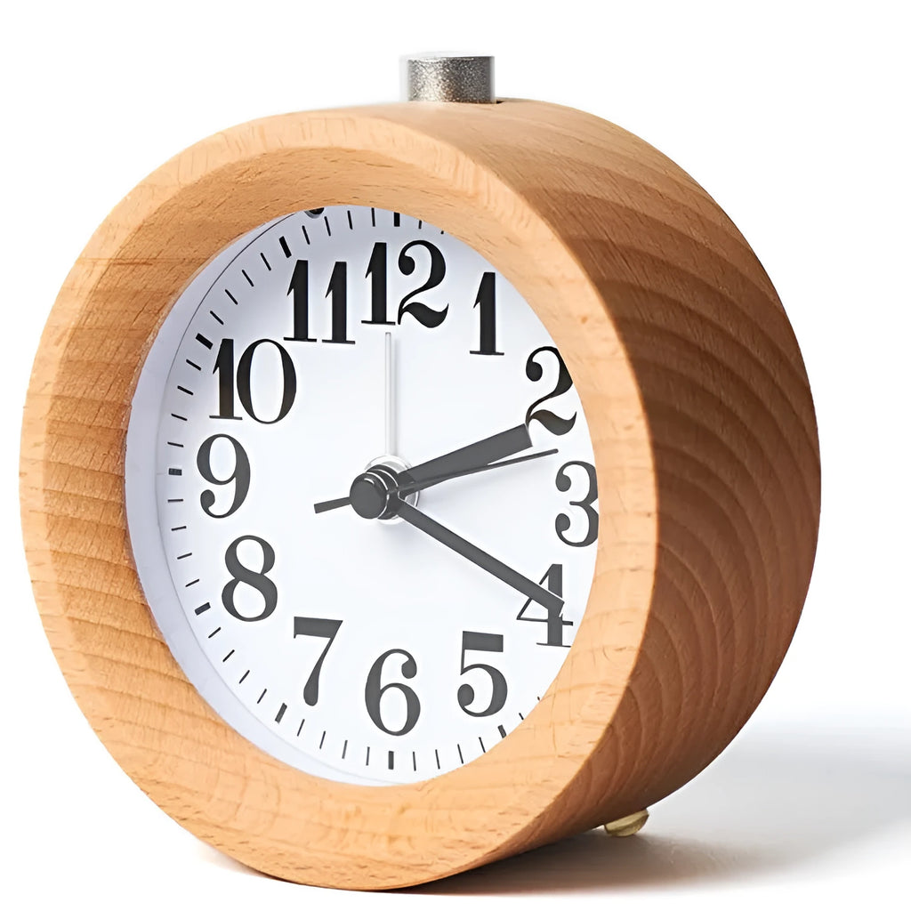 Solid beech wood analogue alarm clock showing silent movement and 9.5cm size.