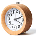 Solid beech wood analogue alarm clock showing silent movement and 9.5cm size.