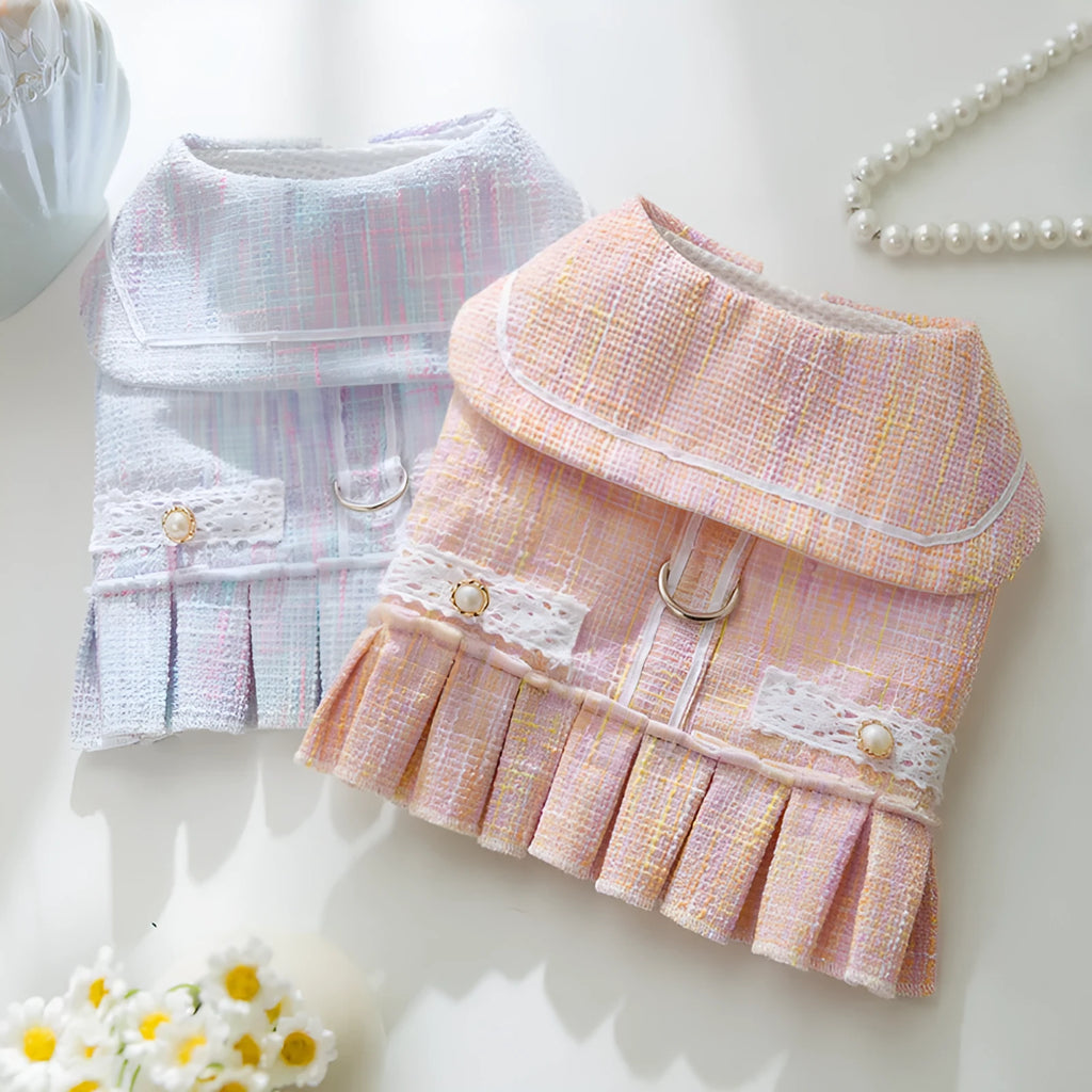 Purple and pink polyester pet clothes for small cats and dogs in four different sizes