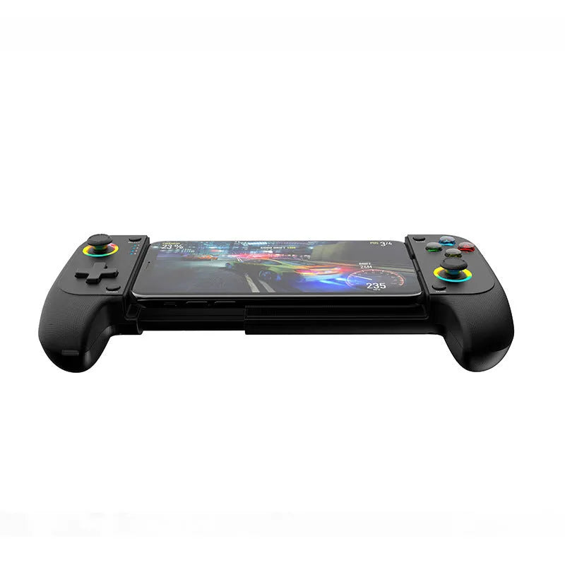 Black Bluetooth stretch game controller attached to a smartphone showing trigger buttons.
