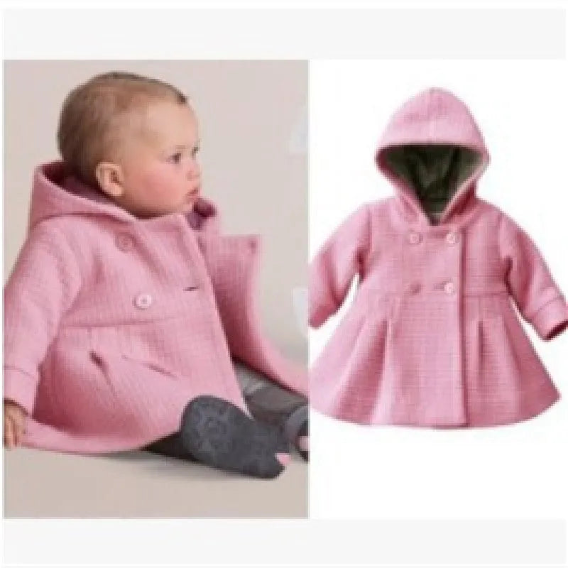 Girls fashion hooded jacket double breasted solid colour polyester coat pink suitable height 80cm 90cm 100cm