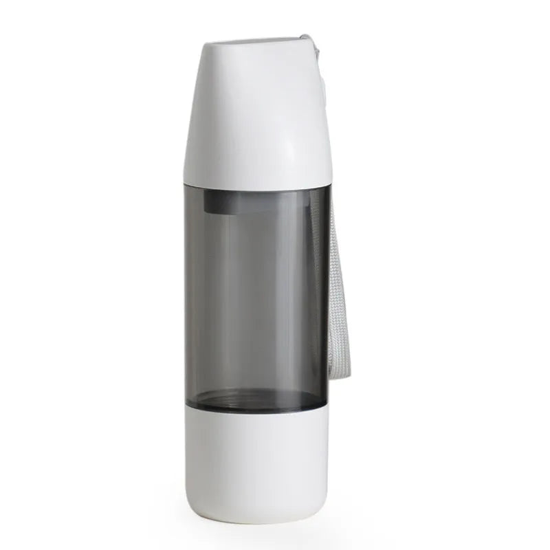 Portable dog water bottle with white food-grade ABS body and separate water and grain compartments