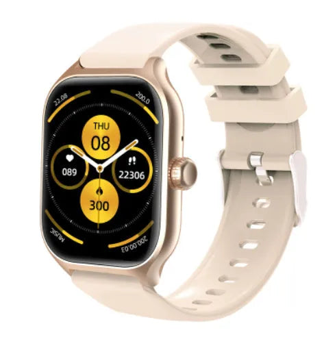 Black Bluetooth smart watch with full touch screen and silicone strap on a wrist