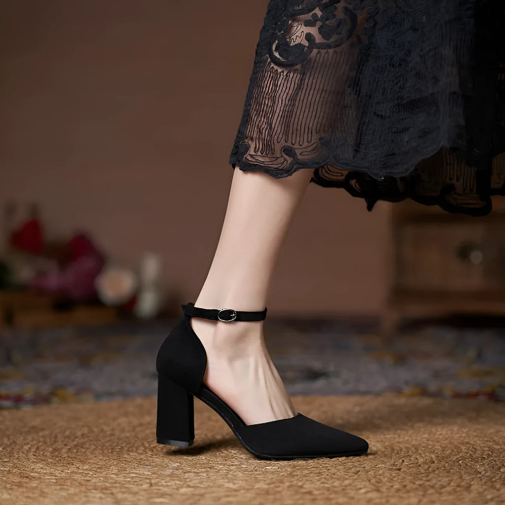 Women's all-match casual large size suede hollow high heels with stout heel, black colour, 5CM height