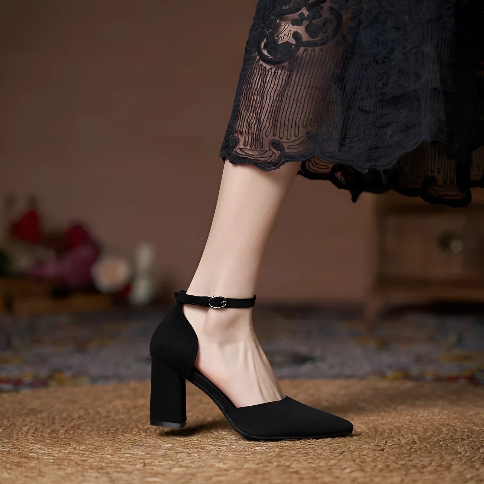 Women's all-match casual large size suede hollow high heels with stout heel, black colour, 5CM height