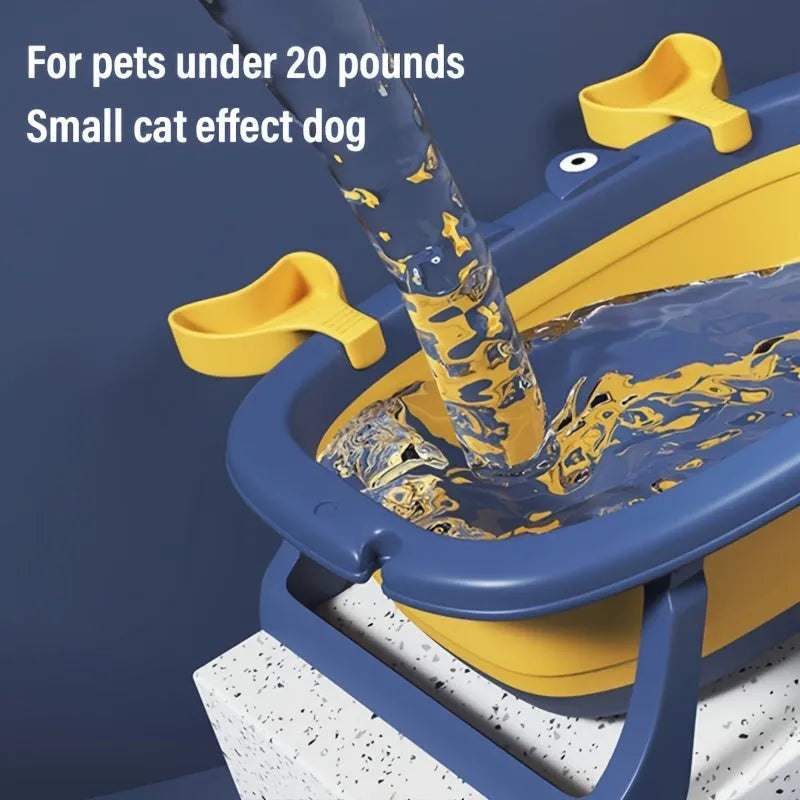 Blue foldable plastic pet tub for washing a small dog or cat.