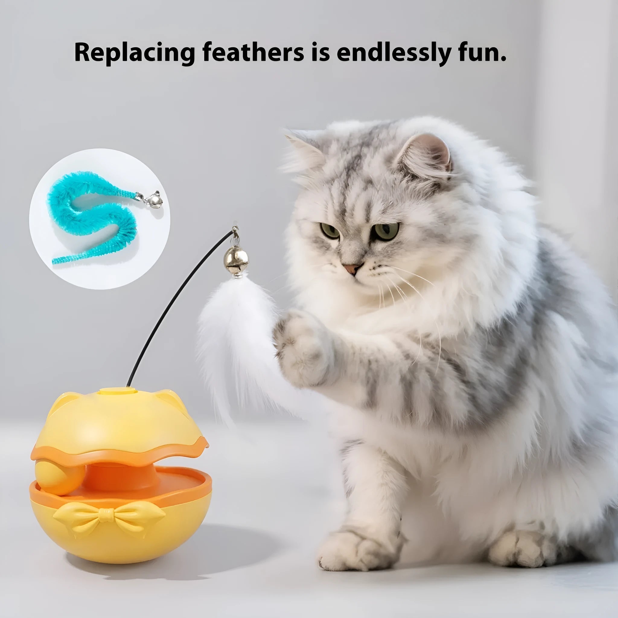Electric cat toy tumbler with teasing stick in lemon yellow, sky blue and soft fog grey colour options