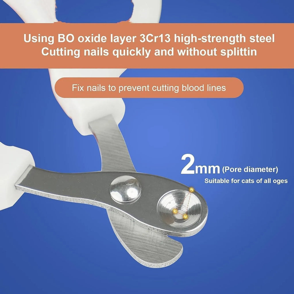 Blue cat nail clippers with a circular guide hole and non-slip handle on a white background.