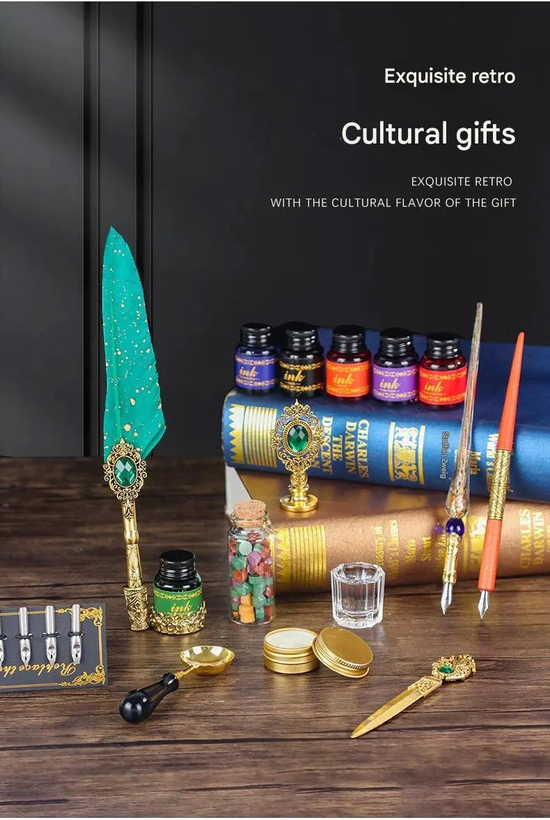 Gray mechanical feather fountain pen set with metal alloy body and decorative feather