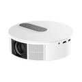 White 720p HD smart home projector with remote control on a wooden surface.