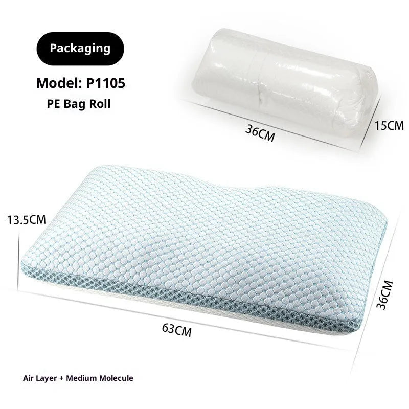 Household cervical memory foam pillow in white and blue, 63x36x13.5cm, with contoured neck support shape