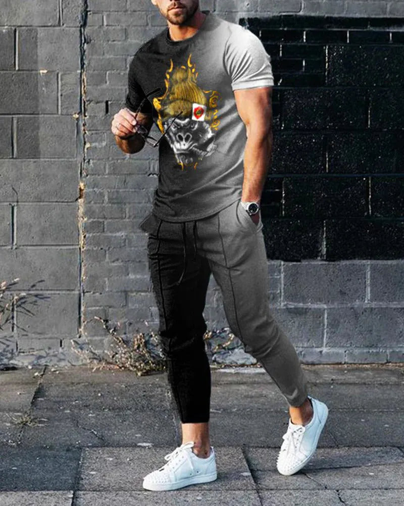 Men's short sleeve printed top and trouser sport suit set in polyester blend fabric.