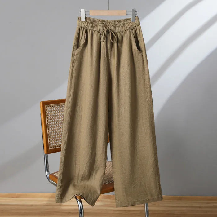 Women's straight-leg casual trousers with drawstring elastic waist in apricot, khaki, brown or black