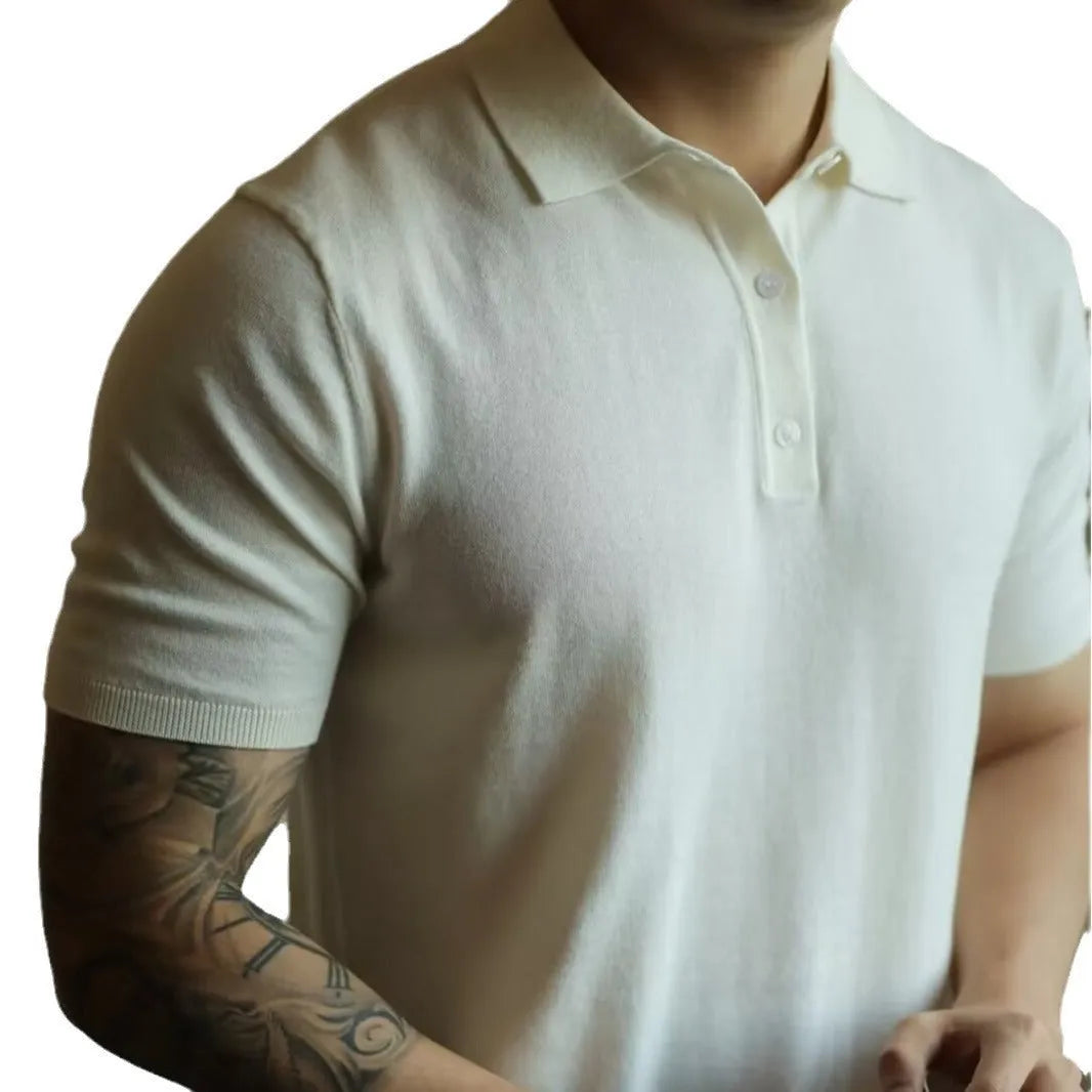Men's knitted polo collar short sleeve shirt in Ice Silk cotton blend summer top