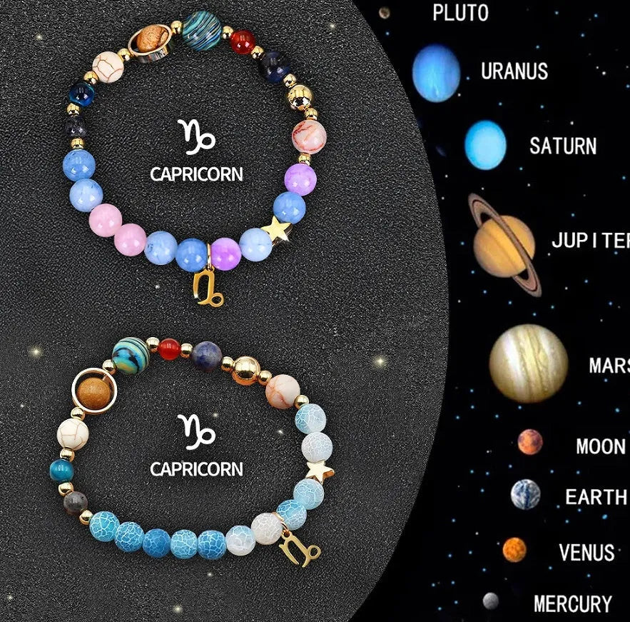 Set of two natural stone beaded bracelets with zodiac sign charms on an adjustable band