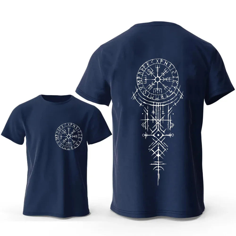 Viking rune compass design with smiling face on a men's pure cotton T-shirt.