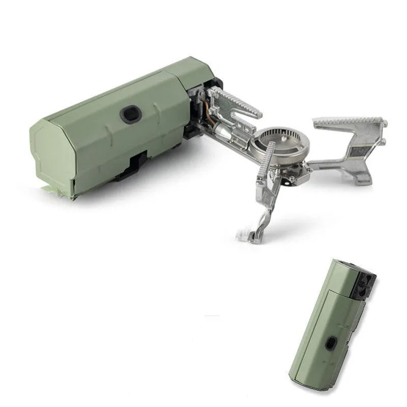 Green folding camping gas stove with adjustable valve and anti-slip feet for outdoor cooking