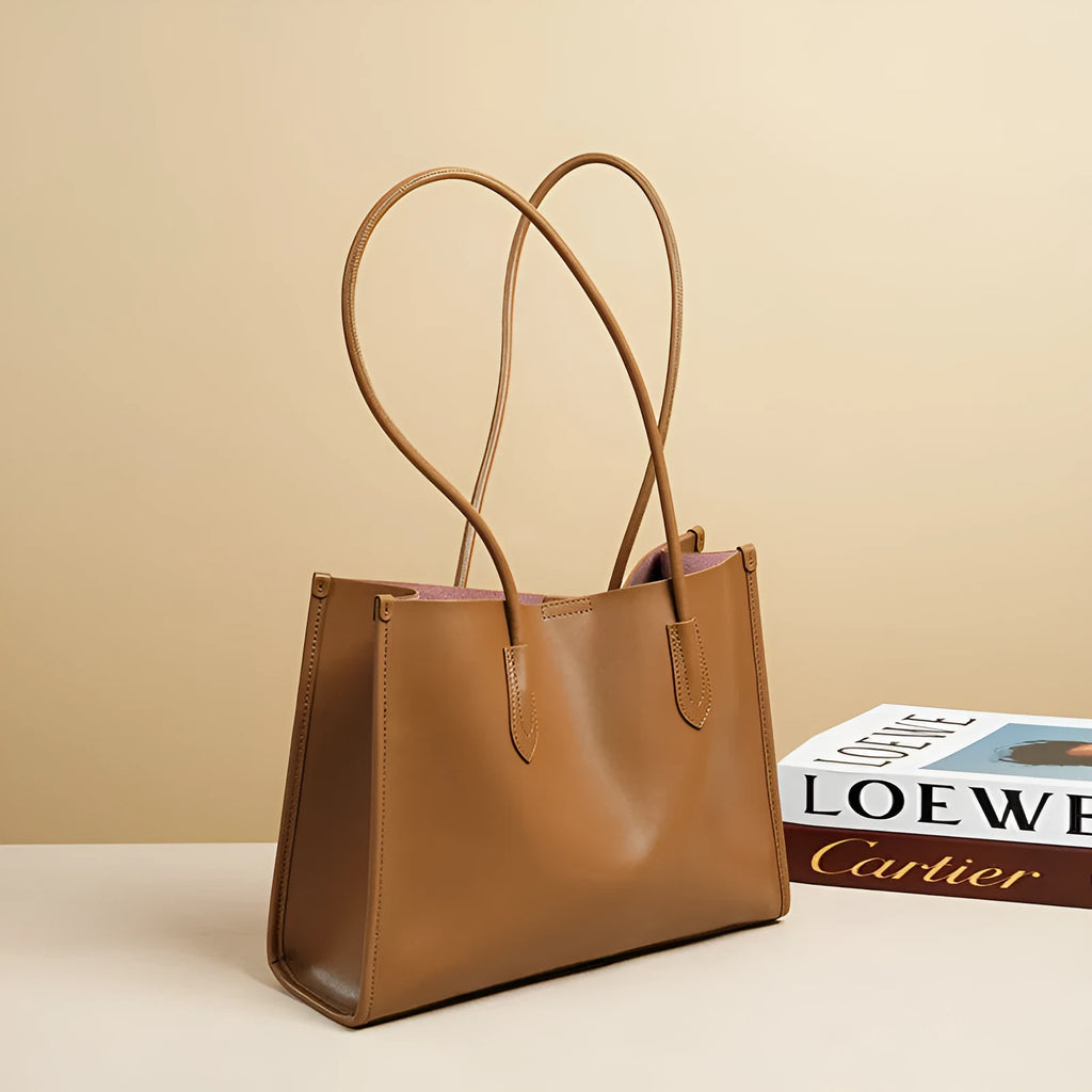 Women's new commuter large capacity genuine leather tote bag in golden brown with double straps and horizontal square shape