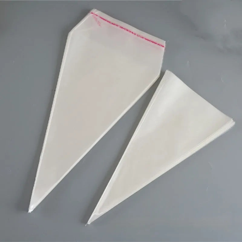 Clear triangle-shaped plastic bag with a twisted metal tie wire closing the top.