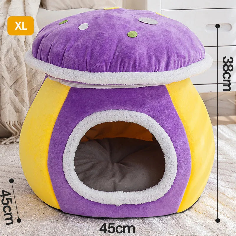 Grey mushroom-shaped plush cat bed showing enclosed cave design for cats.