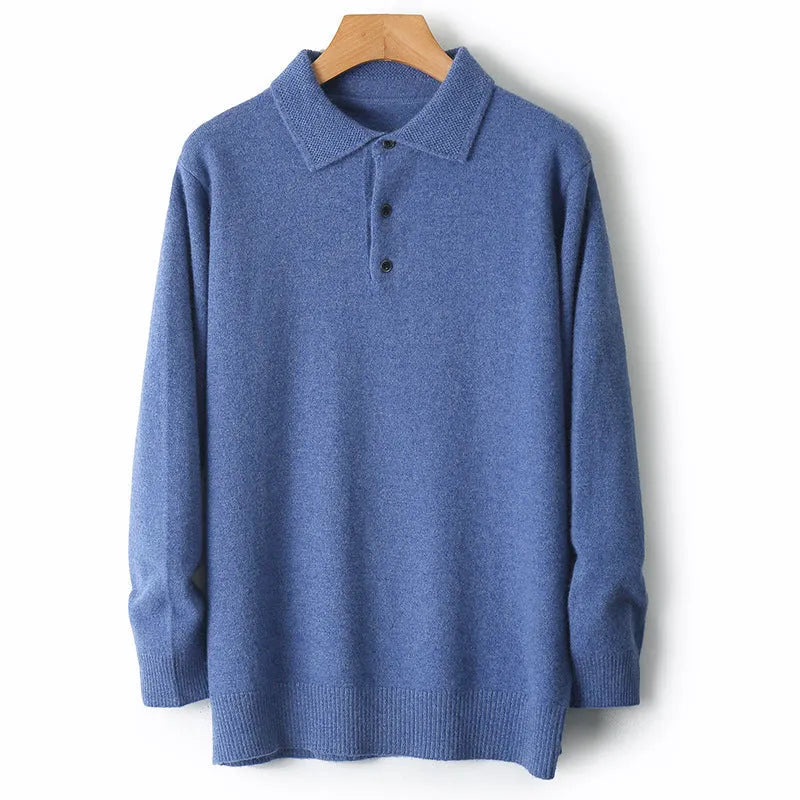 Men's wool polo collar pullover sweater in noble blue colour, showing long sleeves and collar detail.