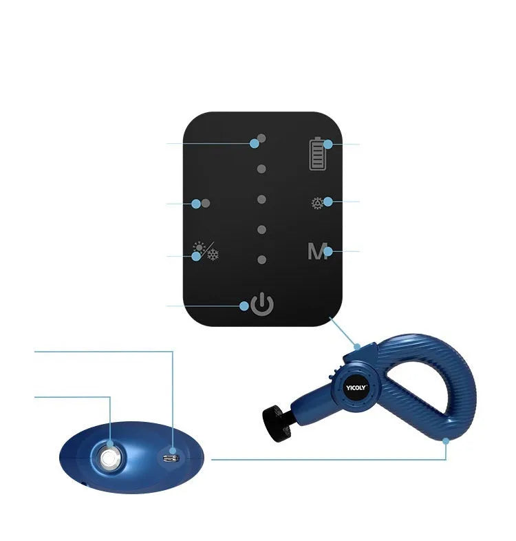 Black smart muscle massage gun with adjustable head, five attached massage heads, and carry bag.